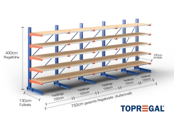 Cantilever rack painted on one side with dimensioning