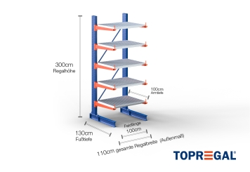 Cantilever rack painted on one side with dimensioning