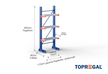 Cantilever rack painted on one side with dimensioning