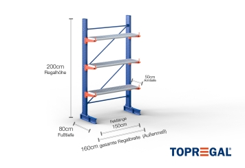 Cantilever rack painted on one side with dimensioning