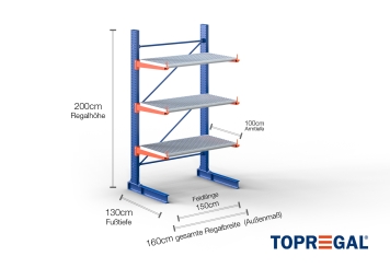 Cantilever rack painted on one side with dimensioning