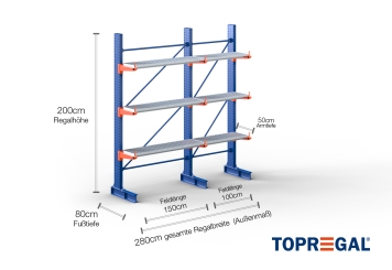 Cantilever rack painted on one side with dimensioning