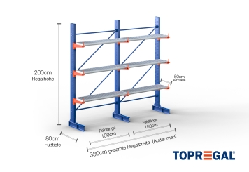 Cantilever rack painted on one side with dimensioning