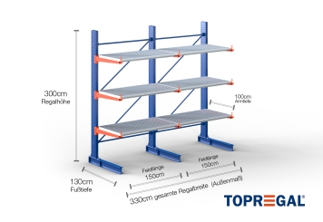 Cantilever rack painted on one side with dimensioning
