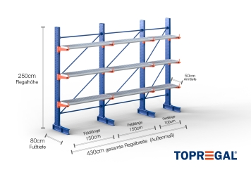 Cantilever rack painted on one side with dimensioning