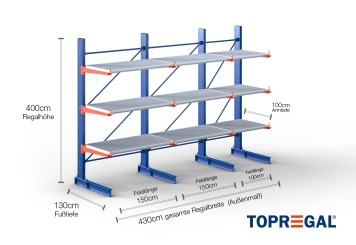 Cantilever rack painted on one side with dimensioning