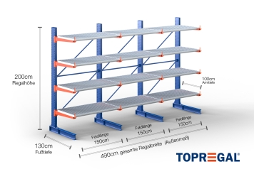 Cantilever rack painted on one side with dimensioning