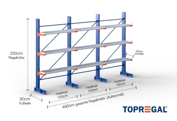 Cantilever rack painted on one side with dimensioning