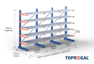 Cantilever rack painted on one side with dimensioning