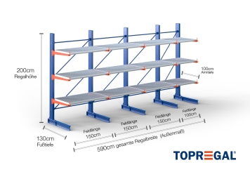 Cantilever rack painted on one side with dimensioning