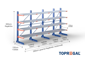 Cantilever rack painted on one side with dimensioning