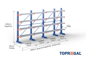 Cantilever rack painted on one side with dimensioning