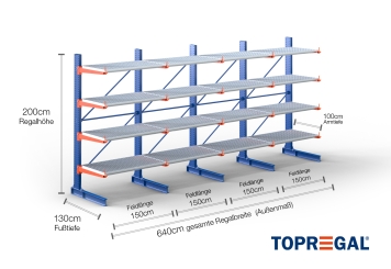 Cantilever rack painted on one side with dimensioning
