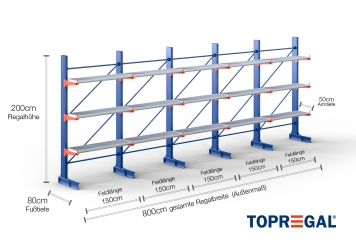 Cantilever rack painted on one side with dimensioning