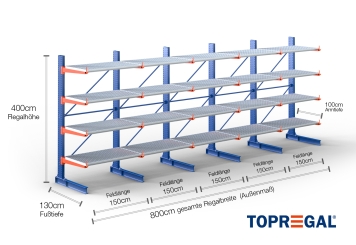 Cantilever rack painted on one side with dimensioning