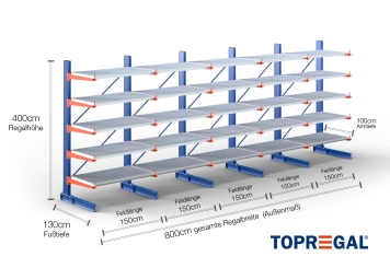 Cantilever rack painted on one side with dimensioning