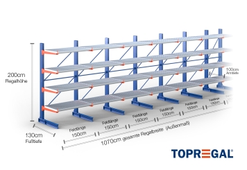 Cantilever rack painted on one side with dimensioning