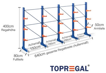 Cantilever rack painted on one side with dimensioning