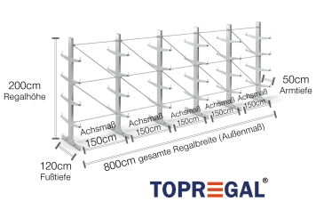 Double-sided galvanised cantilever rack with dimensioning