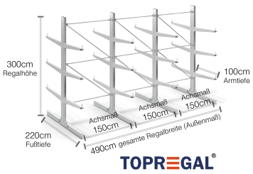 Double-sided galvanised cantilever rack with dimensioning