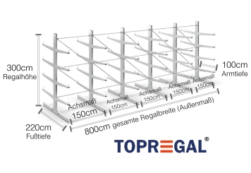 Double-sided galvanised cantilever rack with dimensioning
