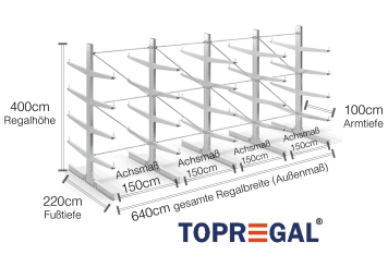 Double-sided galvanised cantilever rack with dimensioning