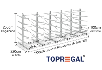 Double-sided galvanised cantilever rack with dimensioning