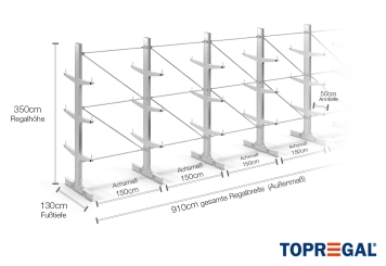 Double-sided galvanised cantilever rack with dimensioning