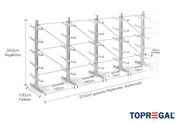 Double-sided galvanised cantilever rack with dimensioning