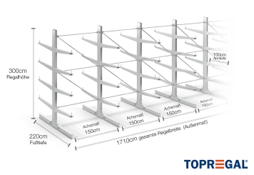 Double-sided galvanised cantilever rack with dimensioning