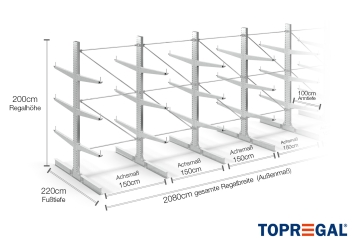 Double-sided galvanised cantilever rack with dimensioning