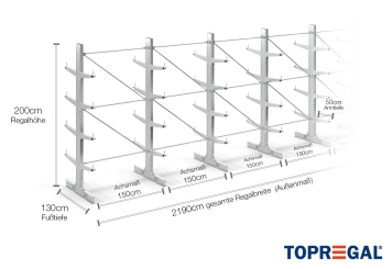 Double-sided galvanised cantilever rack with dimensioning