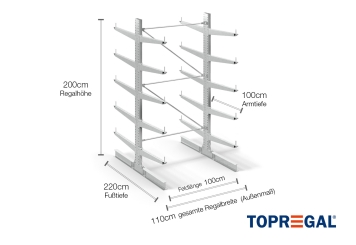 Double-sided galvanised cantilever rack with dimensioning