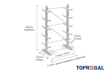 Double-sided galvanised cantilever rack with dimensioning