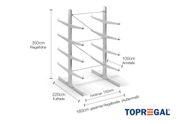 Double-sided galvanised cantilever rack with dimensioning