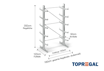 Double-sided galvanised cantilever rack with dimensioning