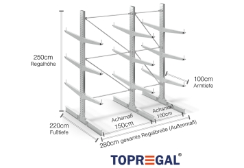 Double-sided galvanised cantilever rack with dimensioning