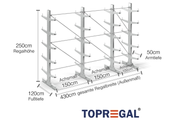 Double-sided galvanised cantilever rack with dimensioning