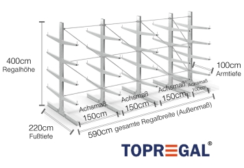 Double-sided galvanised cantilever rack with dimensioning