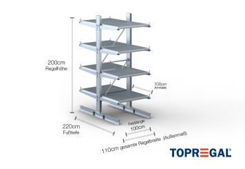 Double-sided galvanised cantilever rack with dimensioning
