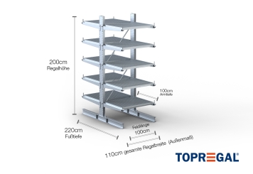 Double-sided galvanised cantilever rack with dimensioning