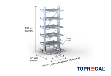 Double-sided galvanised cantilever rack with dimensioning
