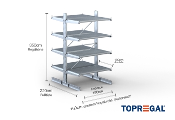Double-sided galvanised cantilever rack with dimensioning