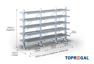 Double-sided galvanised cantilever rack with dimensioning