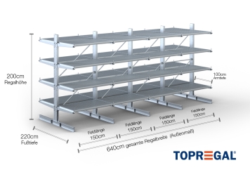 Double-sided galvanised cantilever rack with dimensioning