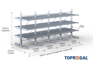 Double-sided galvanised cantilever rack with dimensioning