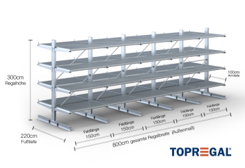 Double-sided galvanised cantilever rack with dimensioning