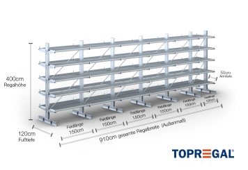 Double-sided galvanised cantilever rack with dimensioning