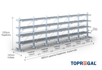 Double-sided galvanised cantilever rack with dimensioning