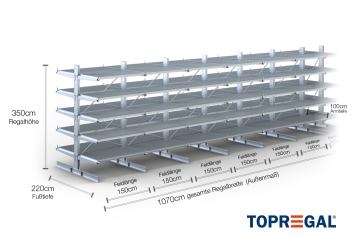 Double-sided galvanised cantilever rack with dimensioning